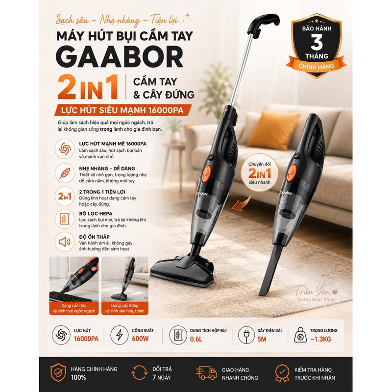Máy hút bụi cầm tay 2 in1 Gaabor GVCW-M15AS lực hút siêu mạnh 16000PA tháo lắp…