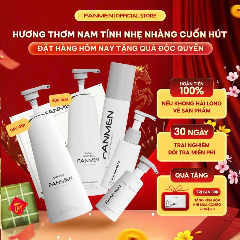    Combo Toàn Diện   Combo Dầu gội sạch gầu mượt tóc 350ml Sữa tắm muối biển chết 350ml  Bọt vệ sinh khử mùi diệt khuẩn 100ml Sữa rửa mặt muối biển chết 100ml và Toner AHA BHA 150ml dưỡng ẩm cho nam Fanmen | Tặng Hộp Đựng 