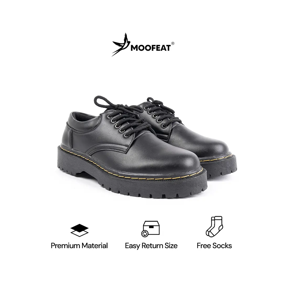 Moofeat Moses -Sepatu Kulit Pria Wanita Derby Casual Boots Hitam Original