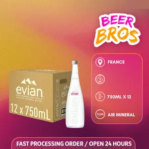 Evian Glass Natural Mineral Water 750ml [ Dus isi 12 Botol Kaca ] JNE Cargo Termasuk Packing Kayu