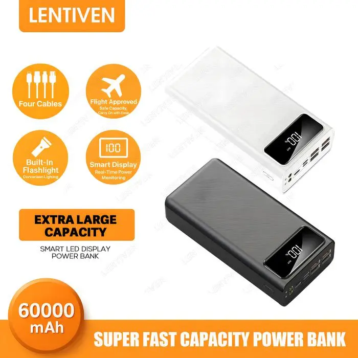60000mAh PowerBank 4 USB Fast Charging External Battery Powerbank LED - Hitam 60000mAh PowerBank 4 USB Fast Charging External Battery Powerbank LED - Hitam