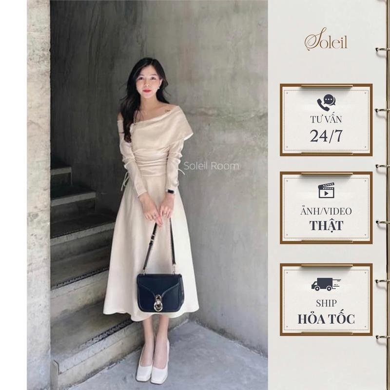 SOLEIL - Váy Đầm Lora Dress Thiết Kế Nữ Trễ Vai Dài Tay Dáng Dài VD87