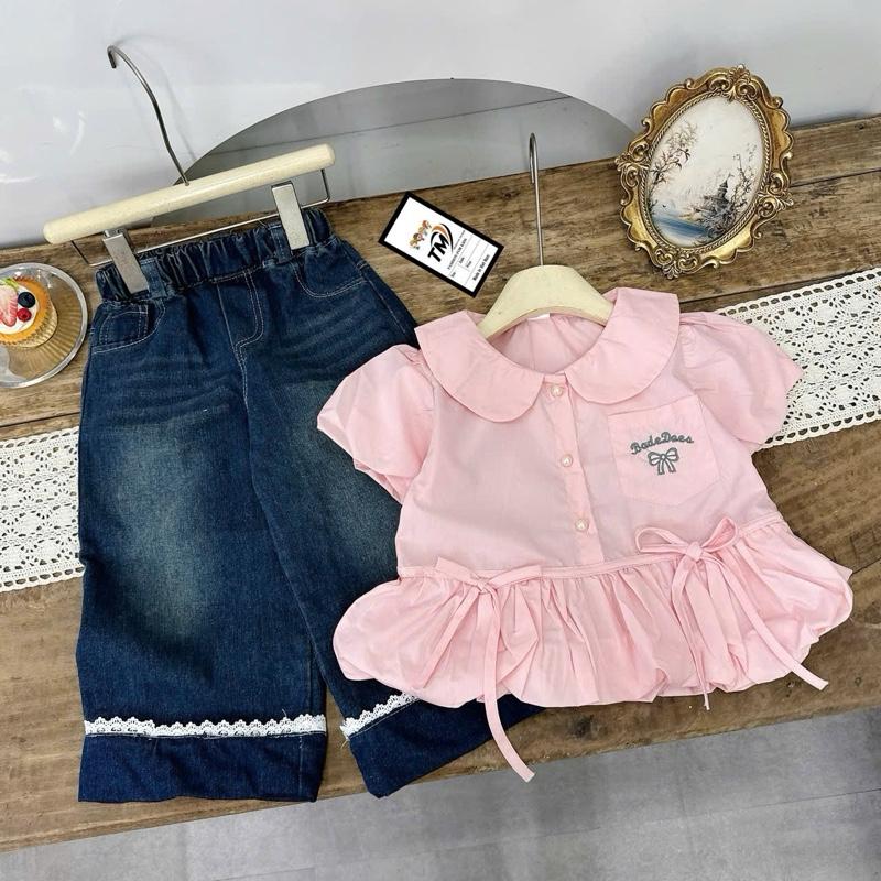  Set bộ áo sơ mi và quần Jean cho bé gái màu trắng và hồng phong cách dễ thương cho trẻ em 