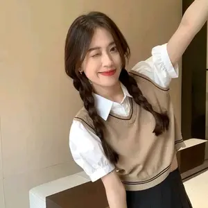 vest rompi rajut atasan sweater list bluse strip wanita outer leher vneck shop knit style luaran saja Crop