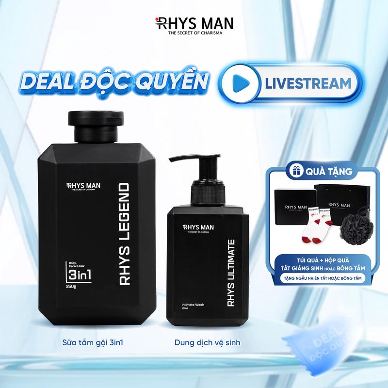   DEAL ĐỘC QUYỀN LIVESTREAM  Combo Tinh Tế Rhys Man - Sữa tắm gội hương nước hoa cao cấp 350ml & Gel vệ sinh nam 120ml | Tặng : 1 Set Hộp & Túi Dưỡng Thể 