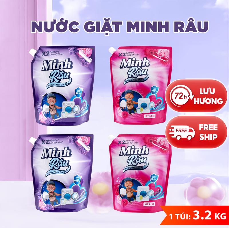 Combo 4 Túi Nước Giặt Xả Minh Râu 3.2kg/1 túi hương Lavender / hương Hoa Hồng Lưu Hương Thơm Lâu trên từng sợi vải dịu nhẹ an toàn cho da nhạy cảm và làm sạch với em zym sinh học/ Làm Bền Màu Quần ÁO T1
