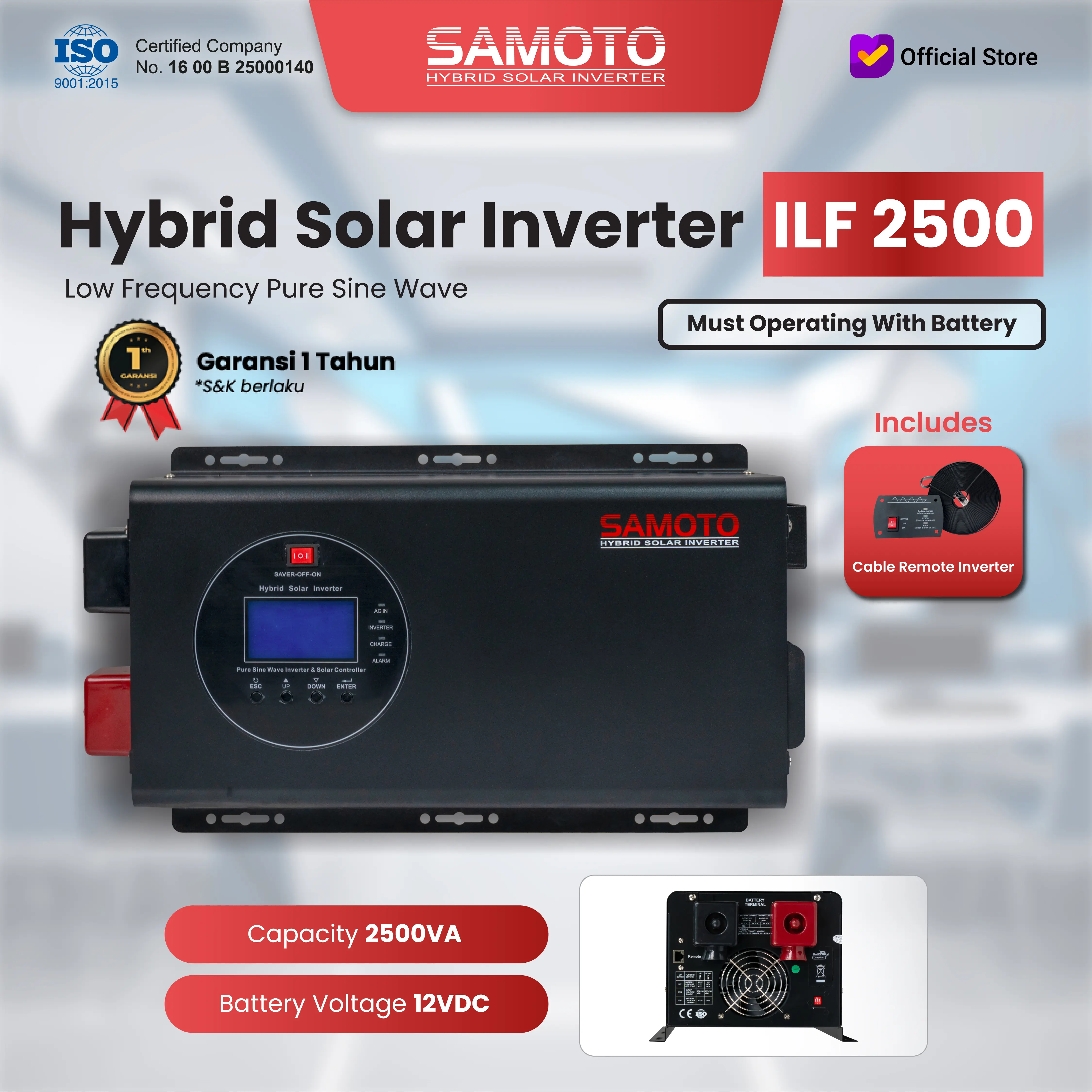 Samoto Hybrid Solar Inverter Pure Sine Wave Low Frequency 2000 - 2000W Sistem Battery 12V 2500VA/2000Watt Solar Panel Charger Controller ILF2500