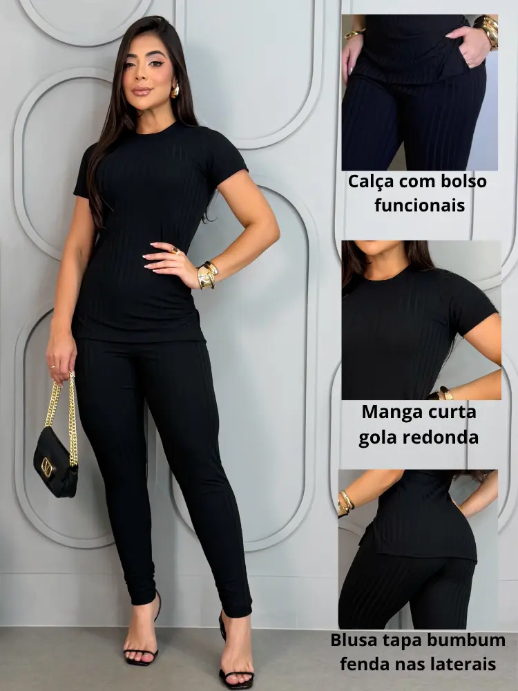 Conjunto Canelado Calça Com Bolso e Blusa Fenda Lateral Manga Curta Elegante Casual Premium - 2
