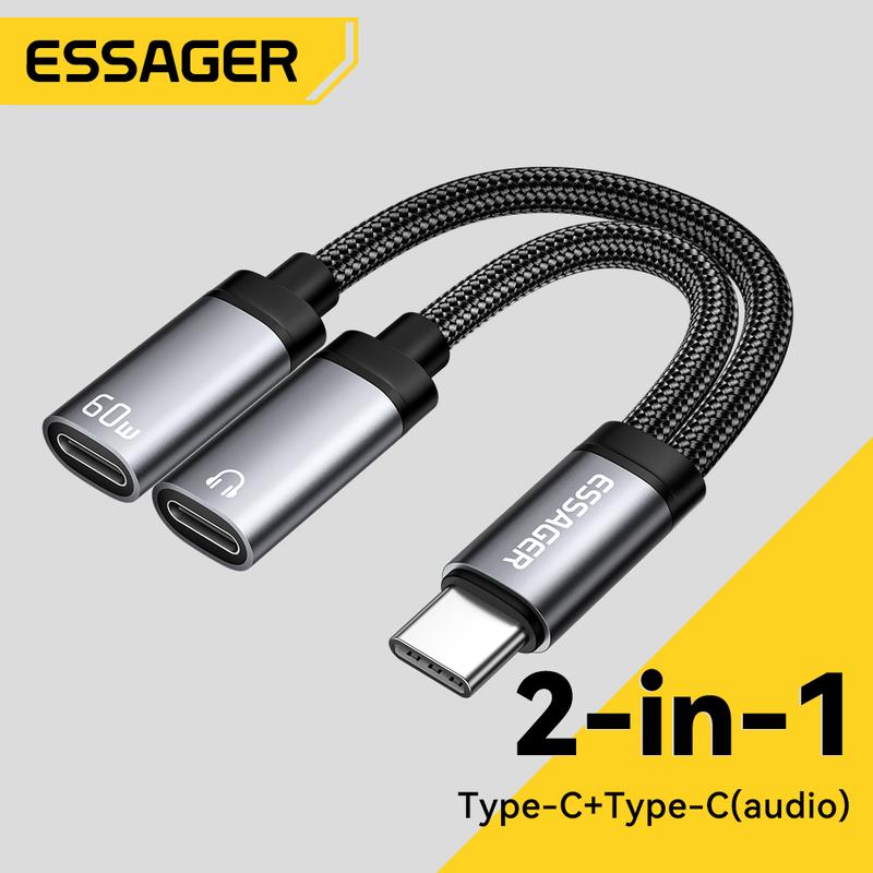 Bộ Chuyển Đổi tai nghe Cáp Type C sang AUX, Essager 2 trong 1, PD 60W Sạc nhanh, Tương thích với iPhone 16, 15, Samsung, Xiaomi 14, 13, Máy tính bảng
