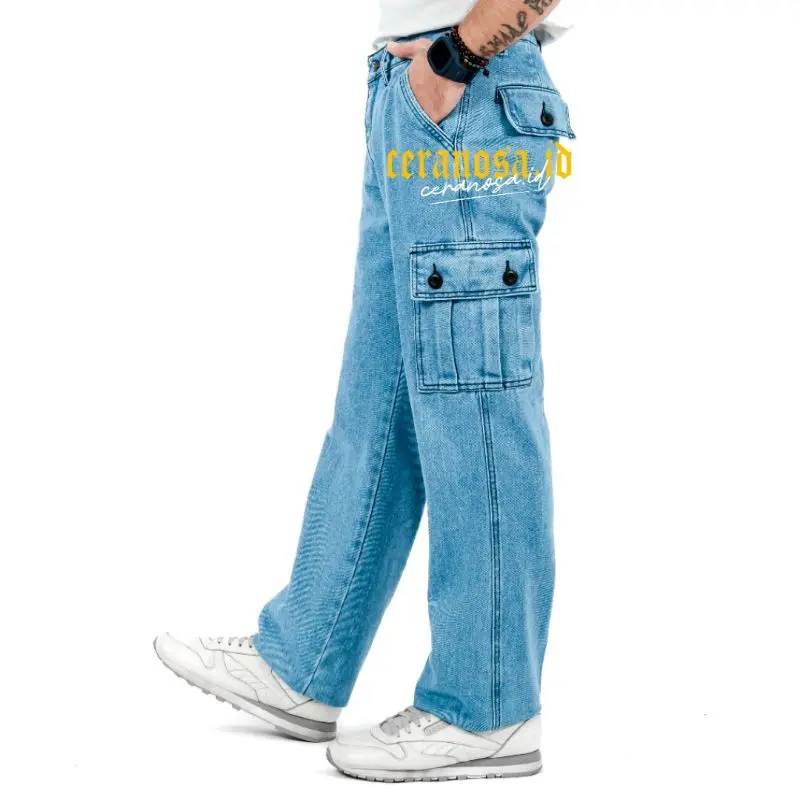 Celana Jeans Cargo Panjang Pria Longgar//Jeans Panjang Kantong Samping Gombrong Hight Waits Beggy