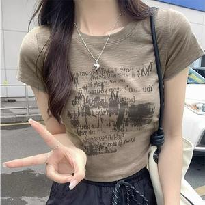 Sweet Spicy Round Neck Short Sleeve Top Summer Design Unique Print High Waist Slimming Short T-Shirt for Small Stature Women 1369# Womenswear Streetwear Casual Crewneck