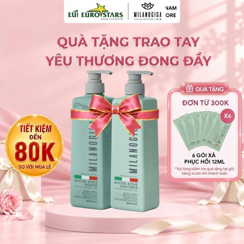 Combo Dầu Gội & Xả hương nước hoa Milanogica 725ml Phục hồi hư tổn, Giảm gàu sạch ngứa da đầu