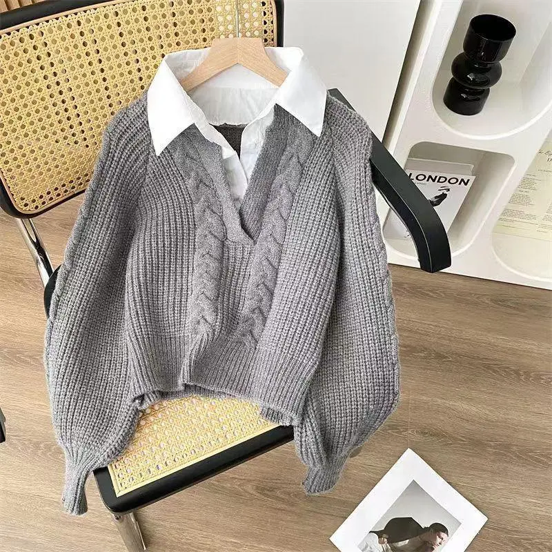 Áo Len Nữ Áo Mặc Bên Ngoài, Dài Tay, Thiết Kế Đẹp Mùa Thu Và Mùa Đông, Cổ Polo Độc Đáo Áo Sơ Mi Phong Cách Phương Tây, Hai Mảnh Giả, Thích Hợp Cho Mùa Thu có thể giặt máy 【 trắng 】 áo  sweater