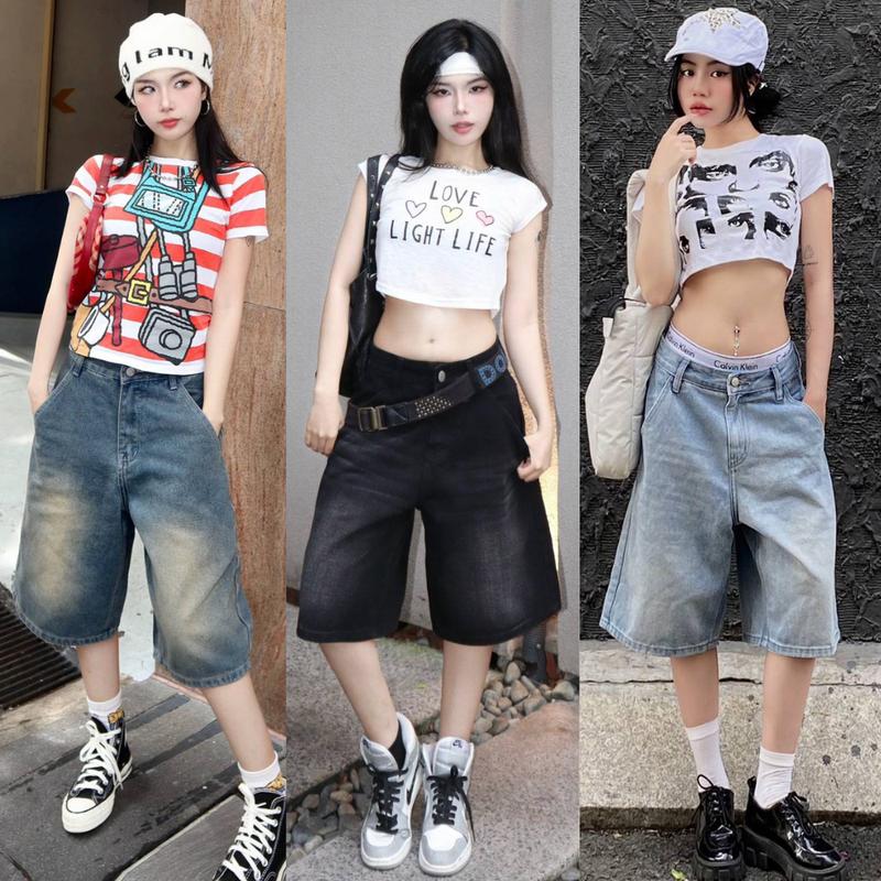 Quần Short Lửng màu Retro MIAA cạp cao cực tôn dáng , Quần jean lửng unisex wash ống rộng chất bò đẹp cao cấp