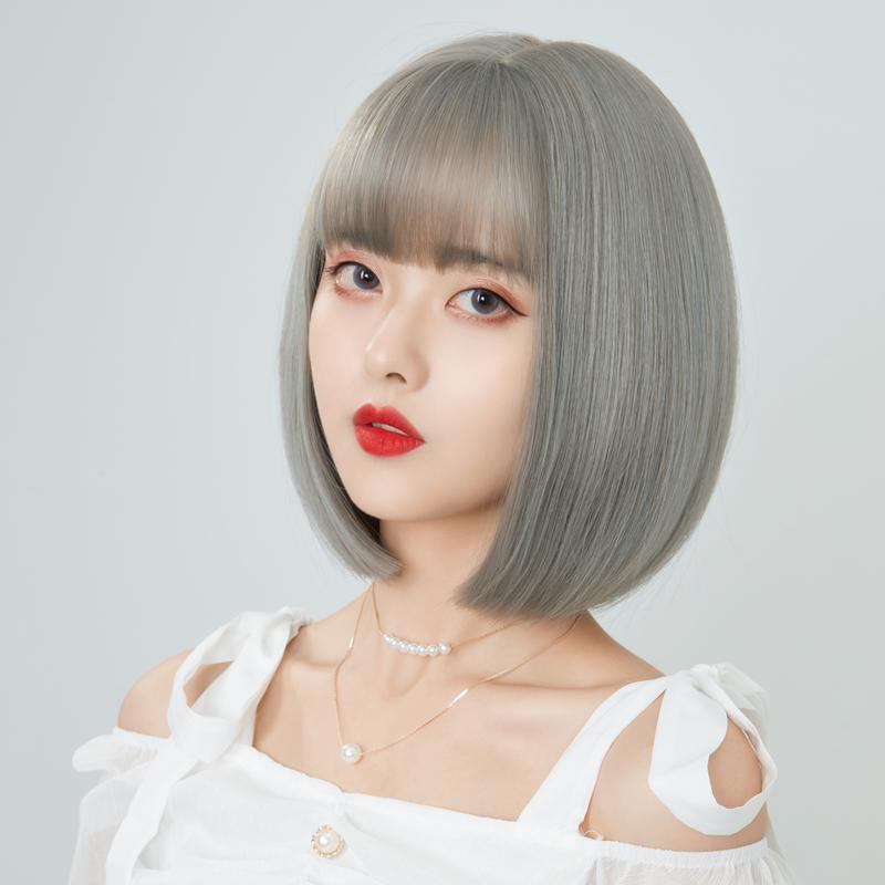 Wig Female Short Hair Bobo Grandma Gray Wave Head Round Face Hair Cover Full Head Cover Air Bangs Straight Hair Natural 2