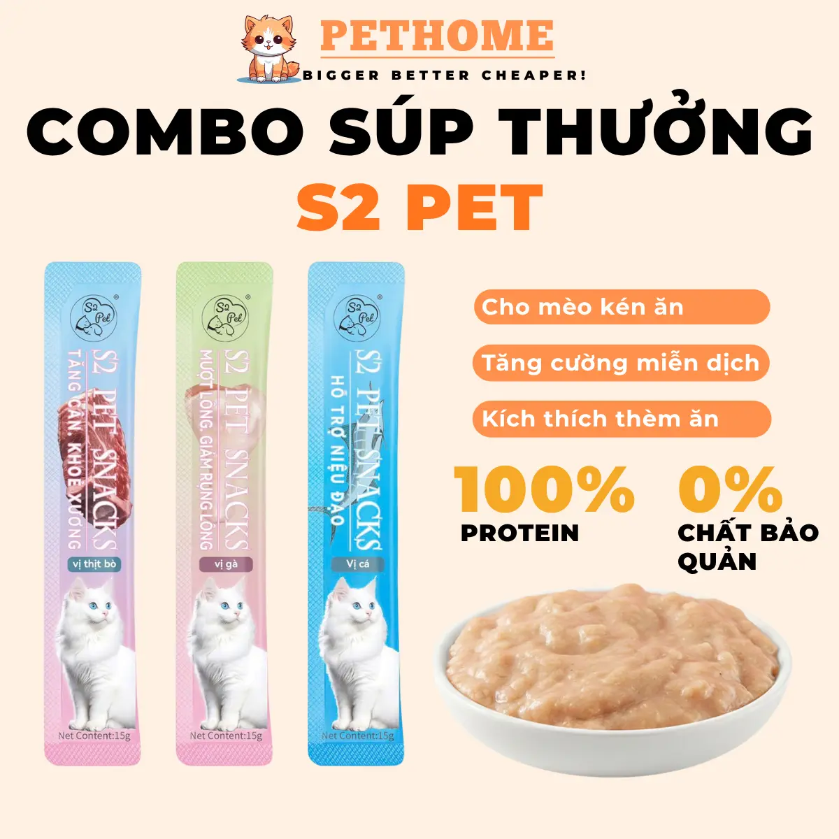 Súp Thưởng S2PET 15g Cho Mèo Chứa Thịt Tươi Nguyên Chất, Bổ Sung Vitamin, Không Chất Bảo Quản
