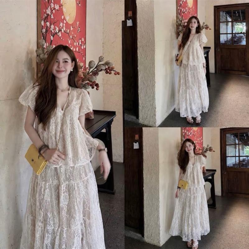 [ĐỦ SIZE 38-70kg] Set Ren BBD Mix Cổ V Tay Bồng Kèm Chân Váy Dài