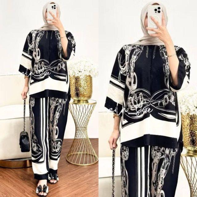 Setelan Wanita Oneset Wanita Setelan Rayon Celana Kulot Atasan Rempel Bahan Rayon Motif Adem Dan Nyaman  Baju Dewasa Remaja Panjang Santai Muslim Bawahan Lembut hitam Busui Rayon Premium Exclusive Kekinian Lebaran Atasan Wanita Celana Kulot