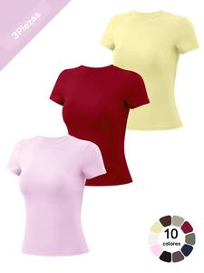 Camiseta deportiva para mujer, manga corta, color sólido, cuello redondo, cómoda, suave, alta elasticidad, ajustada; para yoga, gimnasio, correr, entrenamiento, playa, piscina, casual, versátil, ideal para pilates.
