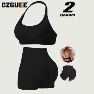 CZGUKE Conjunto Deportivo para Mujer Sujetador de Espalda Descubierta y Shorts Yoga Sin Costuras Ideal para Correr al Aire Libre 2 Piezas