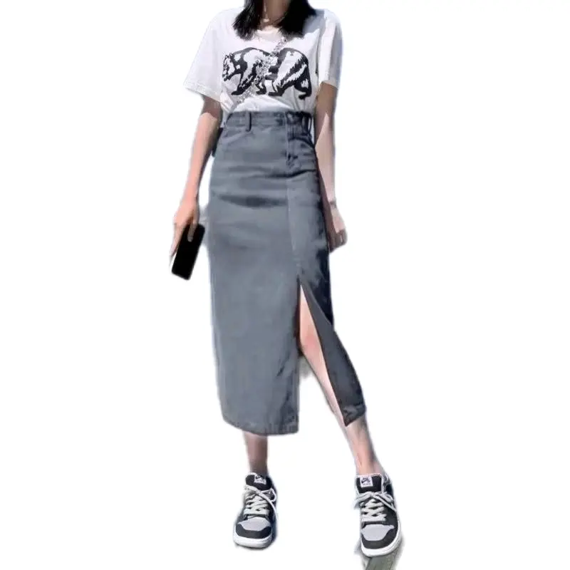 Lova - Rok Jeans Wanita Korean Style Higwaist Belah Samping Rok Midi Lenght A-line 2