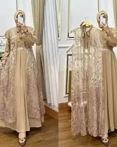 Baju Gamis Pesta Nafisha Dress Muslim Outer Brukat Ceruty Babydoll Kondangan Wanita Kekinian - Mewah, Dewasa Gaun Maxi Simple Lebaran Panjang Layer Remaja Wudhu Syari