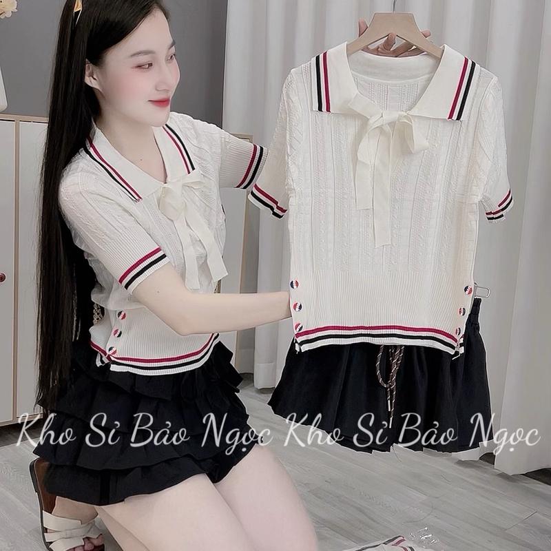 [A25] Áo Len Cổ Bẻ Ngắn Tay Buộc Nơ Viền Nút Kho Sỉ Nguyễn Bảo Ngọc