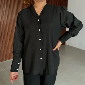 Gina Top - atasan wanita lengan panjang katun poplin kancing mutiara Baju Casual Kerja