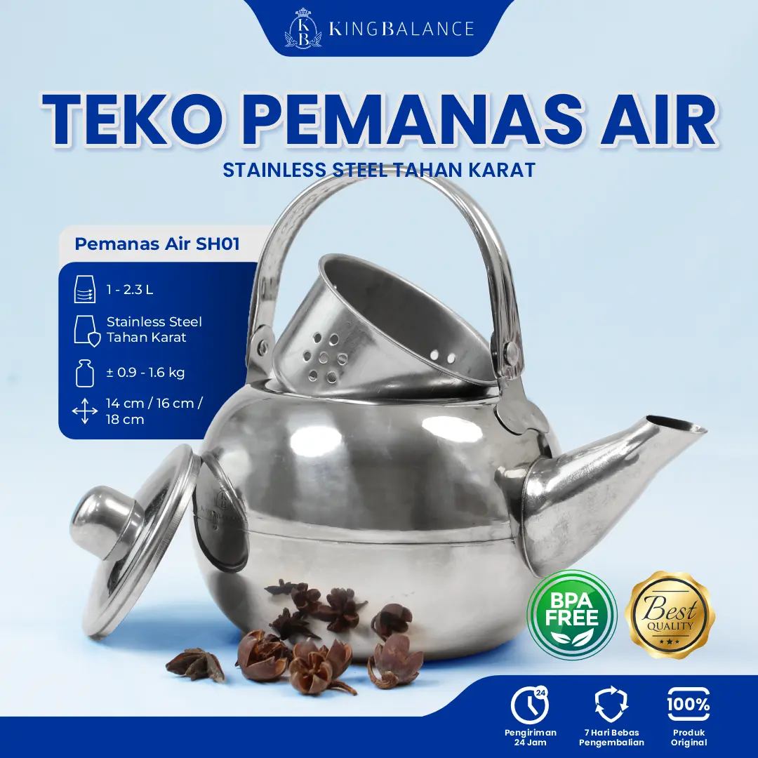 King Balance Teko Ceret Mini Tea Pot Tebal Stainless Steel Tahan Karat 1-2.3L BPA Free Pemanas Air Original SH02 dengan Sarangan & Pegangan Lipat Praktis - Teh