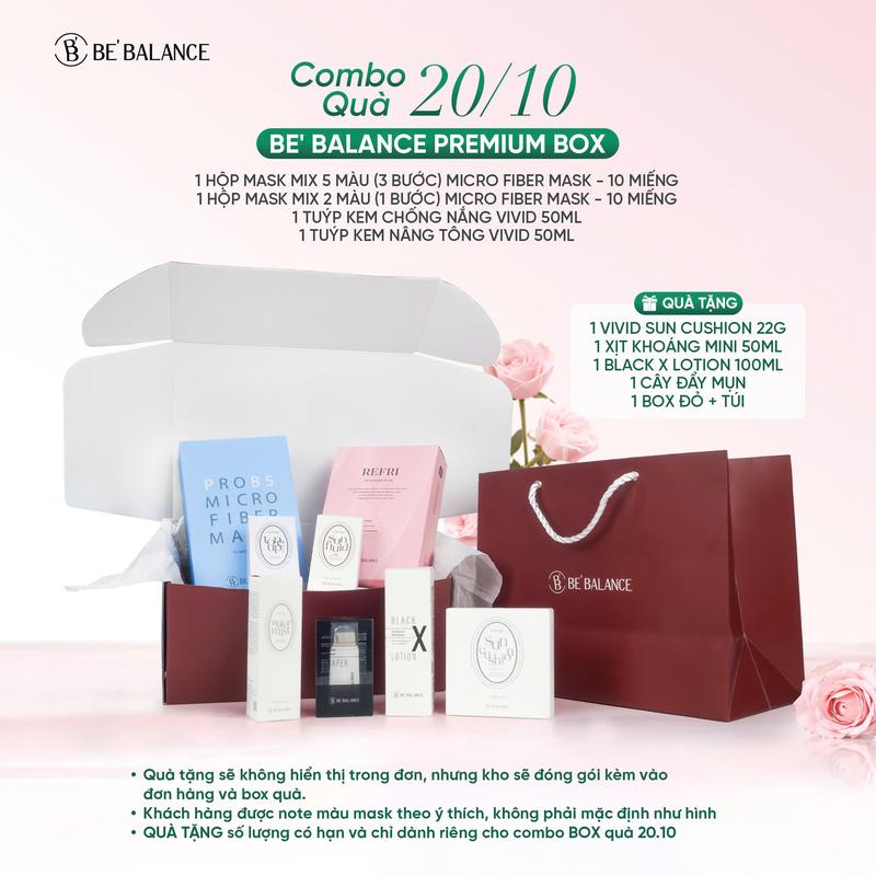 Combo Quà 20.10 BE' BALANCE PREMIUM BOX - 2 Hộp Mask + KCN + KNT Vivid Tặng Cushion + XK Mini + Black X Lotion