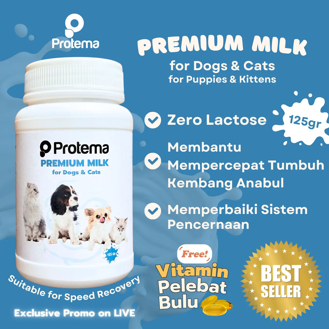 NATURAL PREMIUM MILK FOR CATS & DOGS | PROTEMA | 125 GR | Susu Kucing Anjing Kitten Puppy, Multivitamin Lengkap Nutrisi Seimbang | Zero Lactose