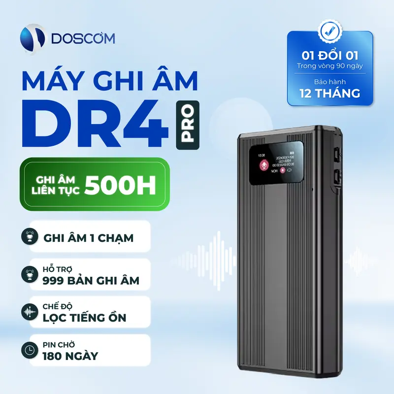 Thiết Bị Ghi Âm Thế Hệ Mới DR4 Pro DOSCOM D - Ghi Âm Liên Tục Thời Gian Dài, Chât Lượng Âm Thanh Sắc Nét máy  nhận diện giọng nói 0