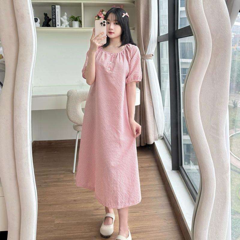 SẢN PHẨM MỚI Đầm ngủ caro vải xốp hàn dáng dài xuông rộng mặc nhà hoặc đi chơi bà bầu mặc được NT17 - tiệm đồ ngủ Nana