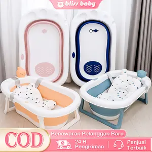 Bak Mandi Bayi Lipat Portable dengan Pengukur Suhu dan Bantal Mandi | Baby Bath Tub Foldable Silicone Aman Nyaman Praktis Perlengkapan Mandi Bayi Untuk Newborn dan Anak Kecil Bisa Dilipat Hemat Tempat