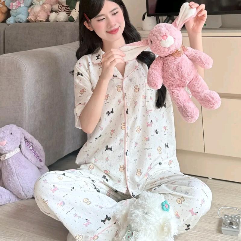 Bộ pyjama Đồ ngủ Nữ Quần Dài Nhiều Hình Dễ Thương Chất Vải Đũi hàn Mềm Nhẹ