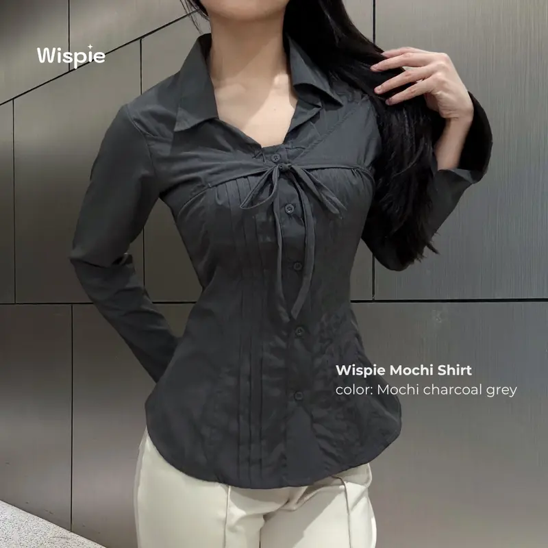 Wispie Mochi Shirt | Kemeja Wanita Lengan Panjang Tali Pita Slim Fit Soft Touch Parachute Blue Pink Cream Grey 5