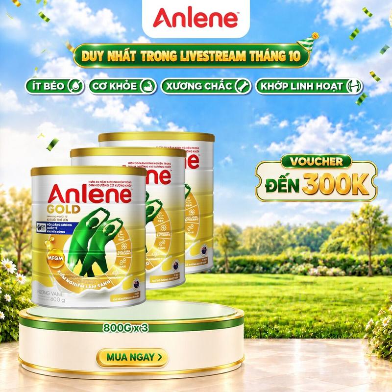 Combo 3 lon Sữa Bột Anlene Gold Hương Vani 800g ít béo, chỉ số đường huyết thấp giúp tăng cường cơ xương khớp