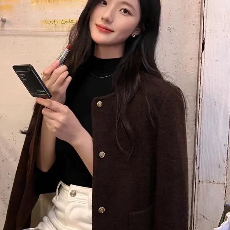 PRE-ORDER Áo dạ màu nâu ép lông trần lụa from có size hàng Quảng Châu kẹp Bọc Móc top nữ