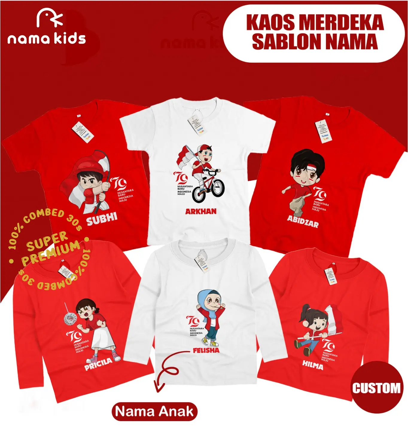 KAOS ANAK KEMERDEKAAN CUSTOM SABLON NAMA DESAIN KEMERDEKAAN 17 AGUSTUS DAN CUSTOM NAMA KAOS PENDEK DAN KAOS PANJANG CEWE COWO KAOS COTTON COMBED 30S MURAH HUT RI 17 AGUSTUS
