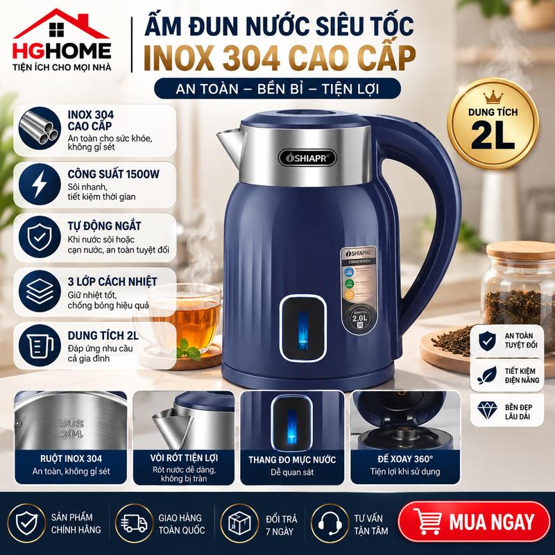 Ấm Đun Nước Siêu Tốc Inox 304 Cao Cấp, 3 Lớp 1500W Dung Tích 2L, Tự Động Ngắt ST160 HGHOME