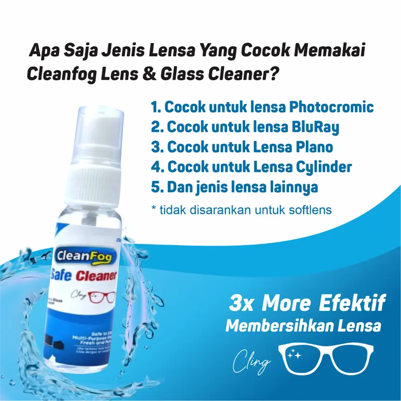 Pembersih Kacamata Cairan Lens Cleaner Cleanfog 60 ml, Merawat Lensa Kacamata Lebih Bersih dan Jernih lens  cleaner Glasses Blueray Waterproof 5