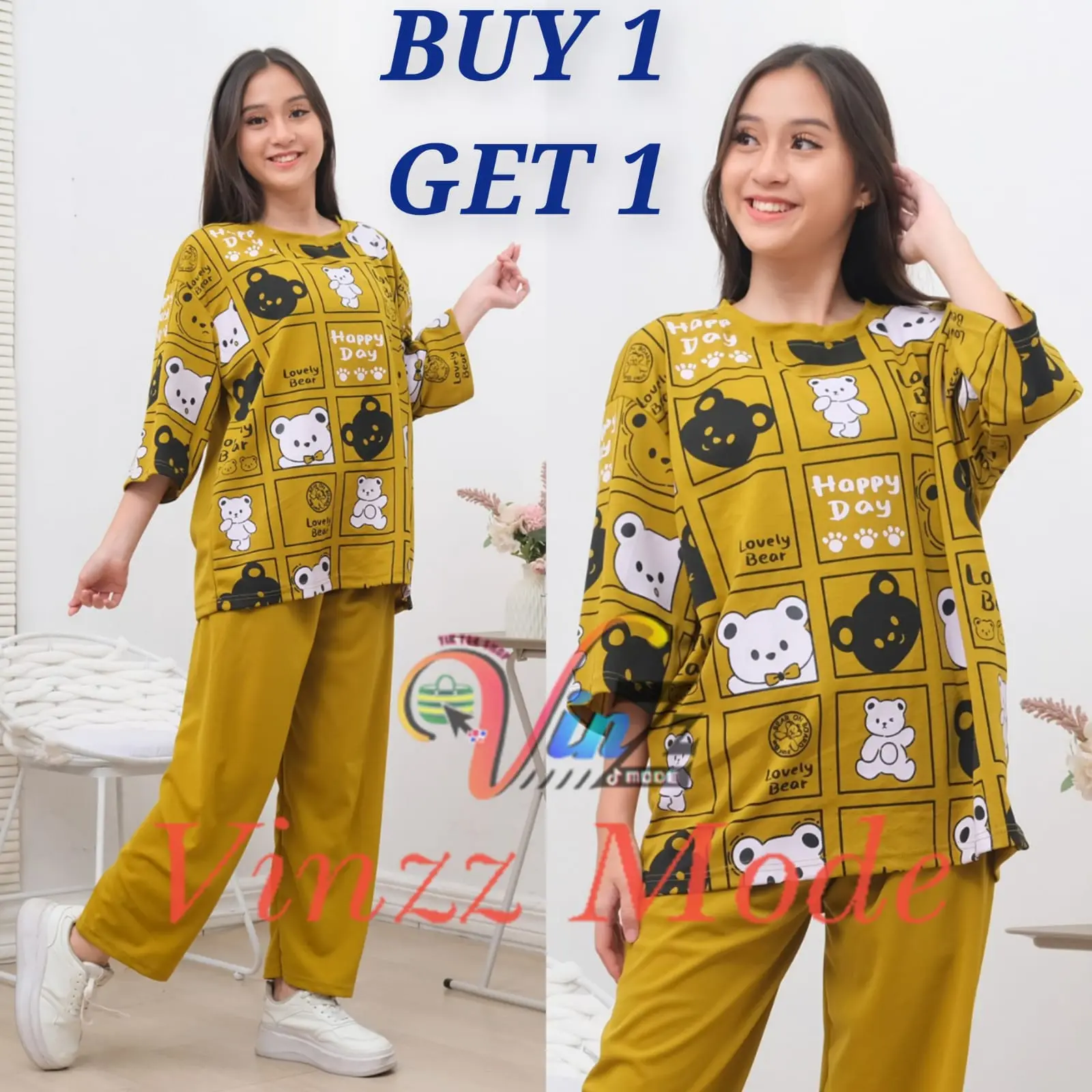 BUY 1 GET 1 !!! Setelan Wanita Atasan Dan Celana Oversize Happy Day