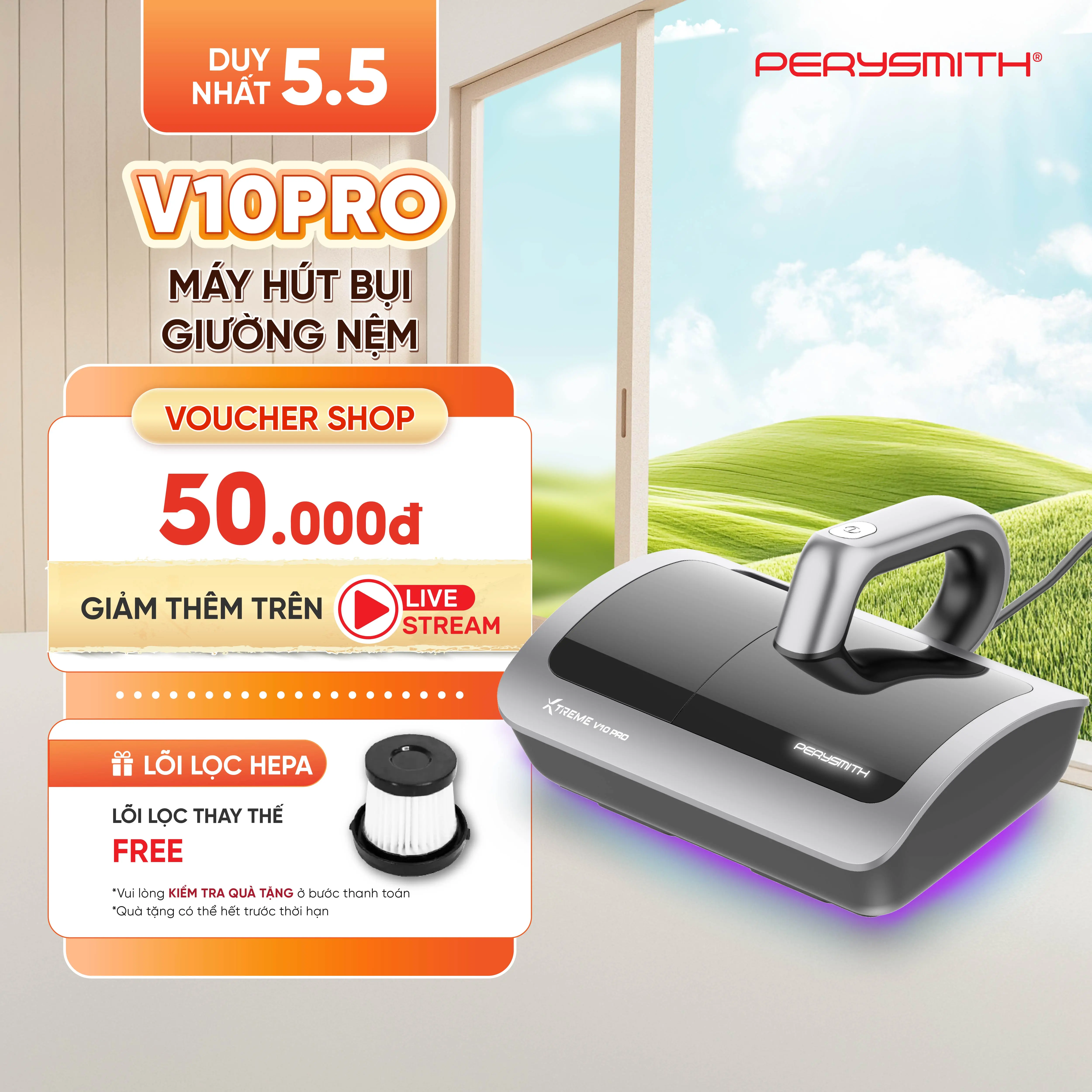 Máy Hút Bụi Giường Nệm PerySmith V10Pro Có Đèn UV Diệt Khuẩn | Lực Hút Mạnh | Có Sấy Nóng | Gọn Nhẹ | Tặng 1 Lõi Lọc Thay Thế  | Bảo Hành 1 Năm
