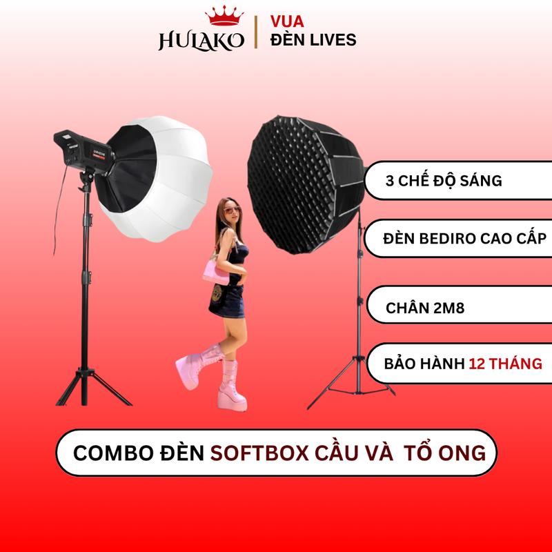 Combo bộ đèn studio, livestream chuyên nghiệp, 1 bộ softbox cầu bediro chân 2m8 + 1 bộ softbox bát giác bediro chân 2m8 cao cấp - Phụ kiện camera HULAKO