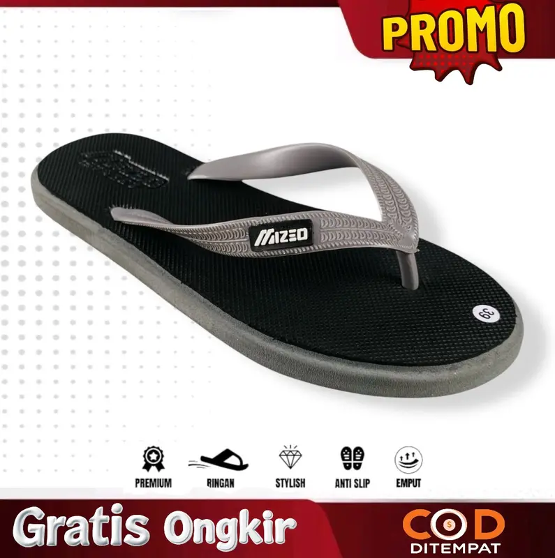 Sandal Jepit Mizeo Street Pria Wanita Desain Timbul Rubber M023 Hitam Polos - Free Box 3