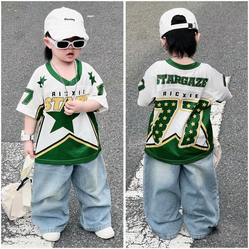 Ricxie-kids Áo Thun Lưới 77 Ricxie Kids Cho Bé Trai Và Bé Gái Form Boxy Màu trắng kết hợp xanh Size 1-4 Thoáng Mát Phù Hợp Cho Bé Từ 10-40kg Chất Liệu Lưới Thoáng Mát