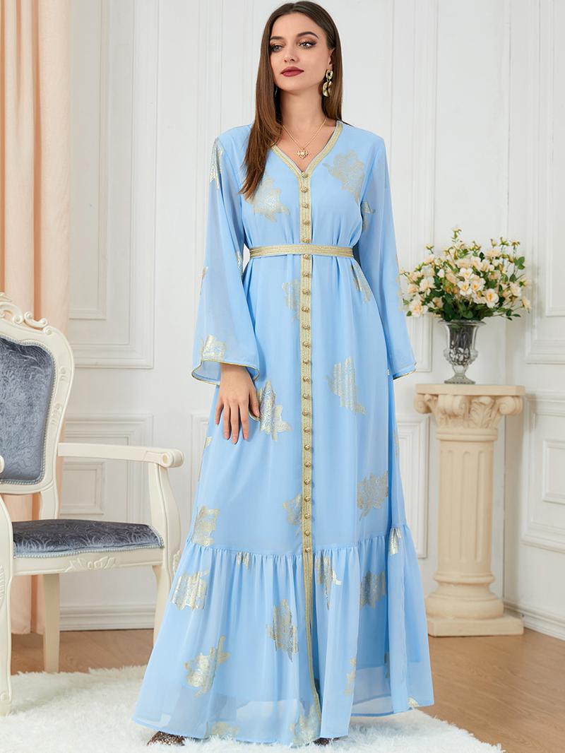 Product Introduction of Baju Raya Middle East Dubai Muslim women's clothing with belt abaya fashion high-end hot stamping dress 6