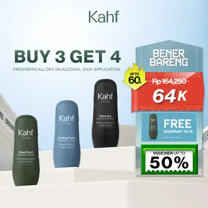 [CREATOR'S PICK : KAHF BUNDLE 3IN1 PAKET DEODORANT] Triple Pack Kahf Deodorant Roll On Antiperspirant 45 ml - 3 pcs Deodoran Pria Freshness All Day, 0% Alcohol, Easy Application - Anti Iritasi, Bebas Bau, Tahan Keringat - Suitable for Daily Use