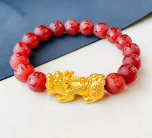 Finishing buram dengan mantra enam karakter. Gelang manik-manik akik merah alami. Gelang Pixiu berongga 3D. (PXSC-011)