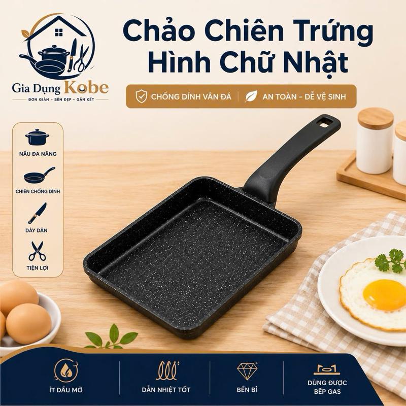 Chảo Chiên Trứng Hình Chữ Nhật Chống Dính Vân Đá An Toàn Dễ Vệ Sinh